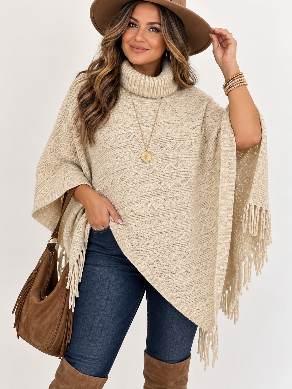 NWT Turtleneck Fringe Poncho Sweater  Cape- Cream Boho